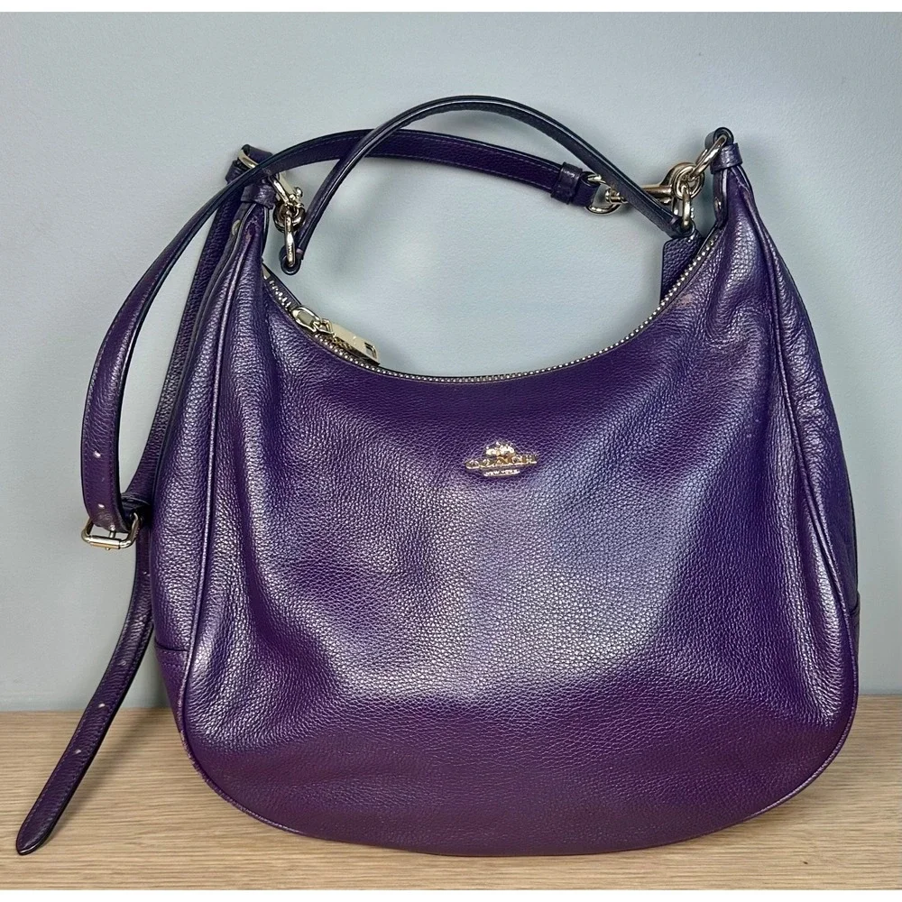 Coach F38259 Harley Large Purple Pebbled Leather Hobo Crossbody Bag Adjustable